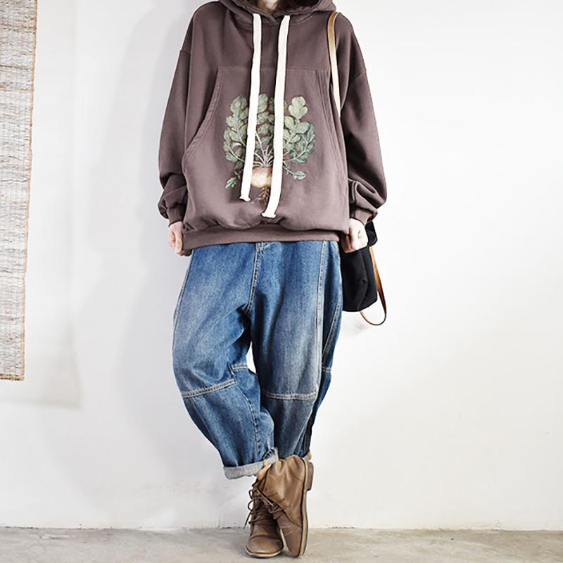 Plant Prints Loose Hooded Sweatshirt