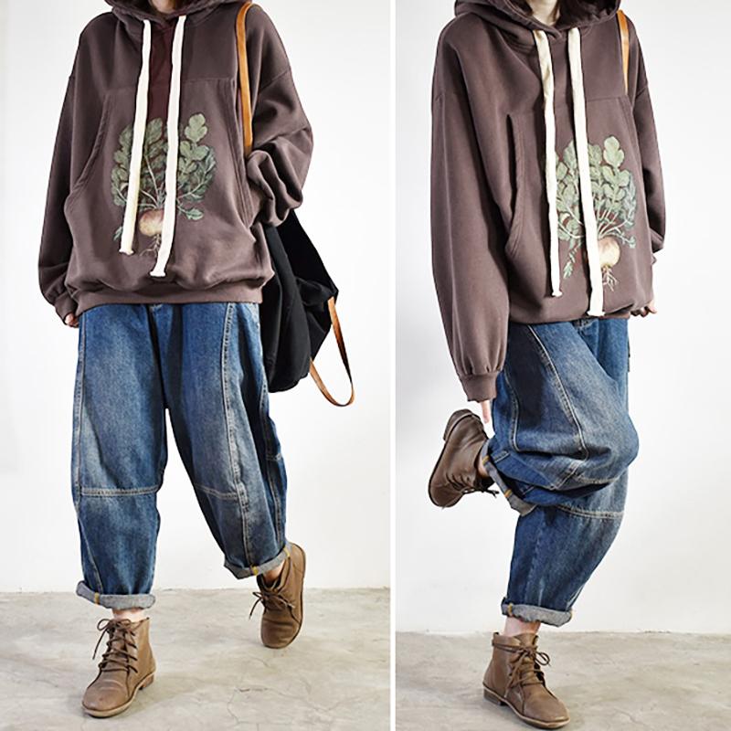 Plant Prints Loose Hooded Sweatshirt