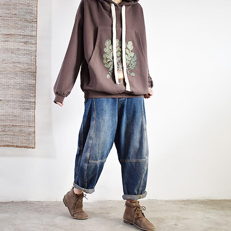 Plant Prints Loose Hooded Sweatshirt