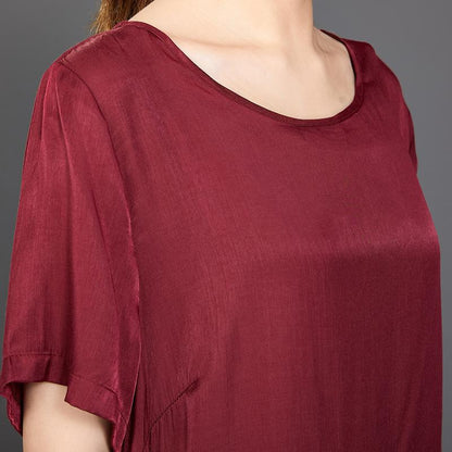 Pleated Solid Color Silky Red Dress