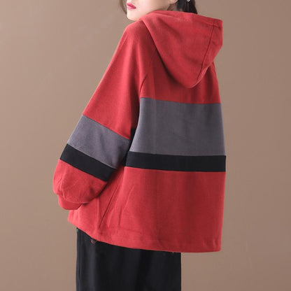 Plus Size - Color-blocking Stripes Casual Loose Hoodie