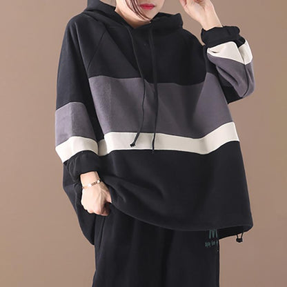 Plus Size - Color-blocking Stripes Casual Loose Hoodie