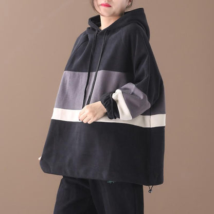 Plus Size - Color-blocking Stripes Casual Loose Hoodie