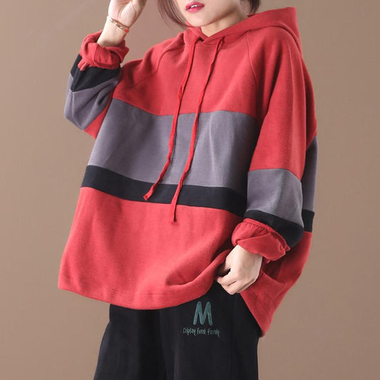 Plus Size - Color-blocking Stripes Casual Loose Hoodie