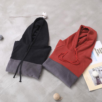Plus Size - Color-blocking Stripes Casual Loose Hoodie
