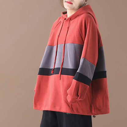 Plus Size - Color-blocking Stripes Casual Loose Hoodie