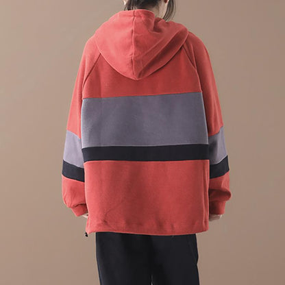 Plus Size - Color-blocking Stripes Casual Loose Hoodie