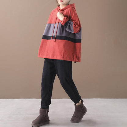 Plus Size - Color-blocking Stripes Casual Loose Hoodie