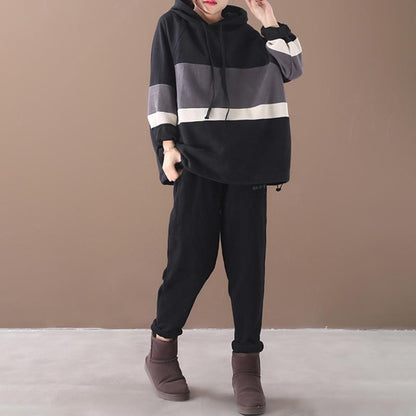 Plus Size - Color-blocking Stripes Casual Loose Hoodie