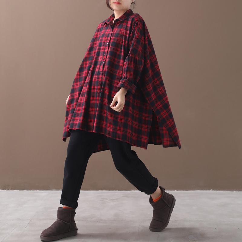 Plus Size - Split Hem Casual Loose Tartan Shirt