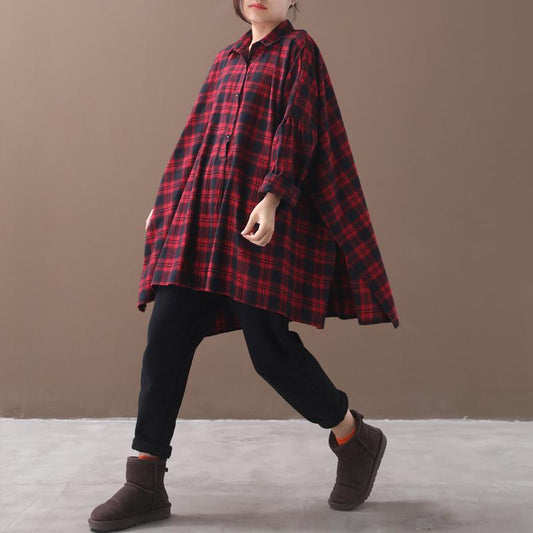 Plus Size - Split Hem Casual Loose Tartan Shirt