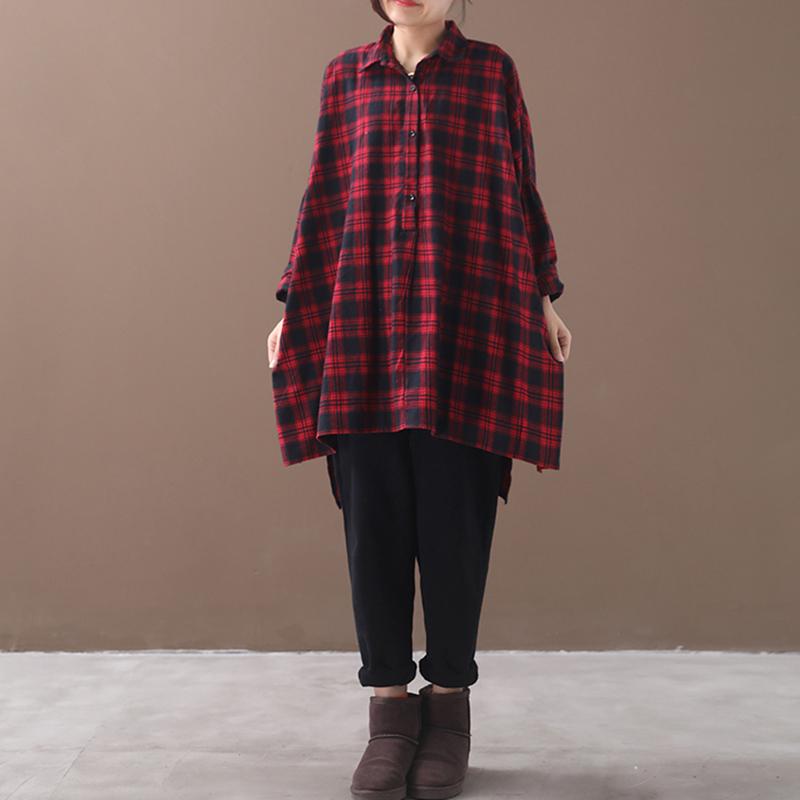 Plus Size - Split Hem Casual Loose Tartan Shirt