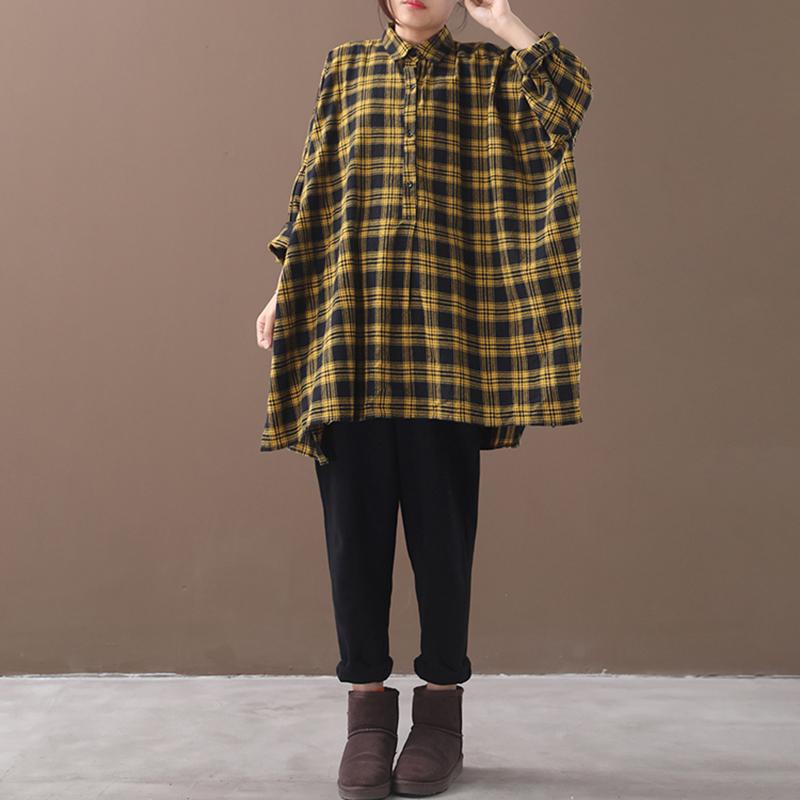 Plus Size - Split Hem Casual Loose Tartan Shirt