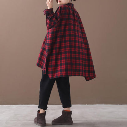 Plus Size - Split Hem Casual Loose Tartan Shirt