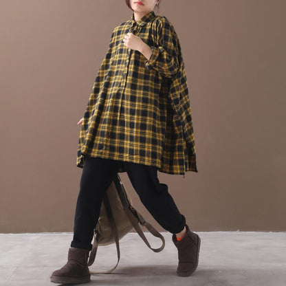 Plus Size - Split Hem Casual Loose Tartan Shirt