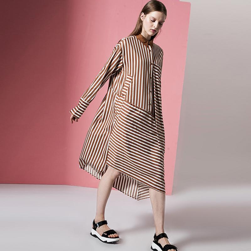 Plus Size Asymmetric Stripes Pringting Shirt Dress