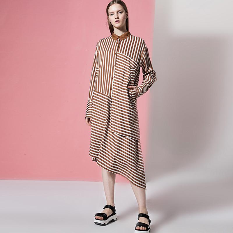 Plus Size Asymmetric Stripes Pringting Shirt Dress