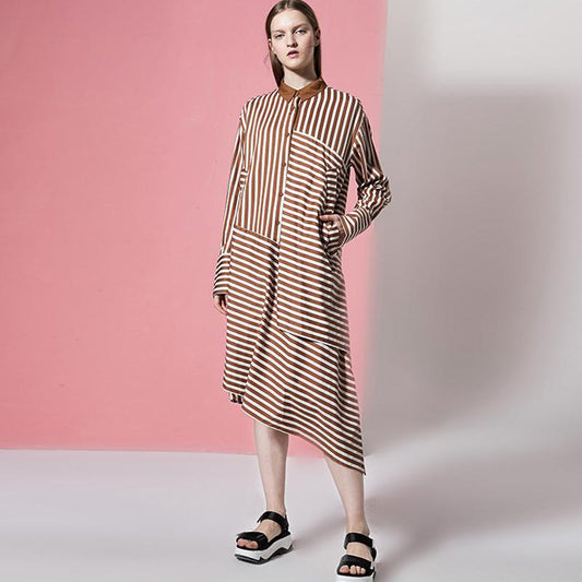 Plus Size Asymmetric Stripes Pringting Shirt Dress