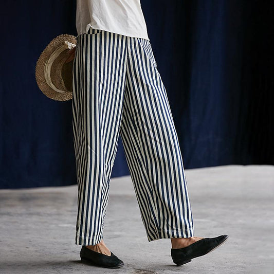Plus Size Blue White Stripes Casual Thin Straight Pants