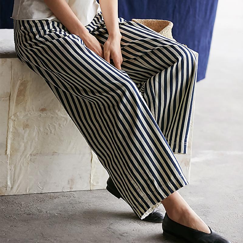 Plus Size Blue White Stripes Casual Thin Straight Pants