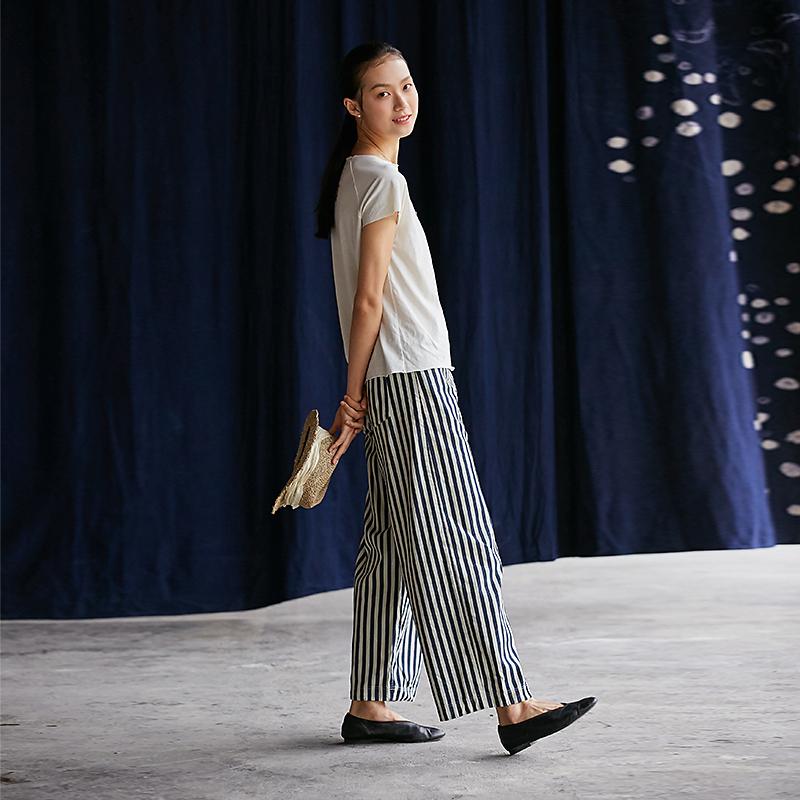 Plus Size Blue White Stripes Casual Thin Straight Pants