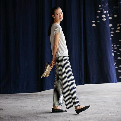 Plus Size Blue White Stripes Casual Thin Straight Pants