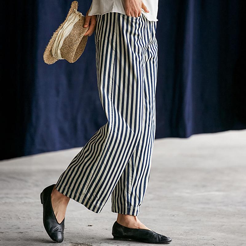 Plus Size Blue White Stripes Casual Thin Straight Pants