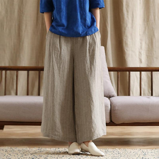 Plus Size Casual Stripes Linen Wide Leg Pants