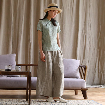 Plus Size Casual Stripes Linen Wide Leg Pants