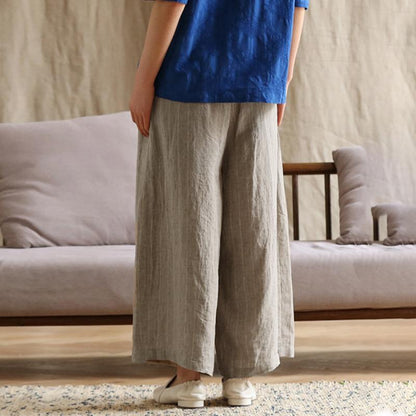 Plus Size Casual Stripes Linen Wide Leg Pants