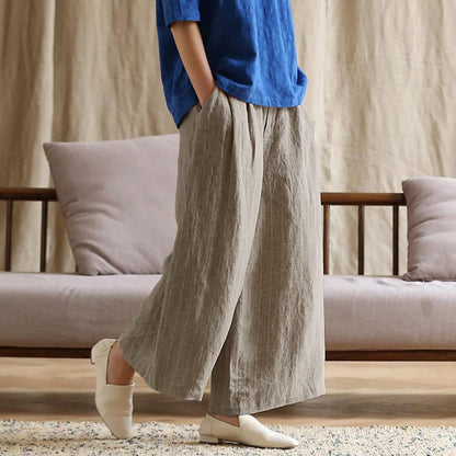 Plus Size Casual Stripes Linen Wide Leg Pants