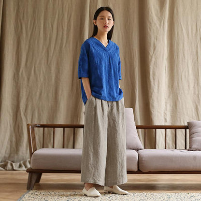 Plus Size Casual Stripes Linen Wide Leg Pants