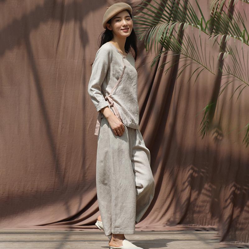 Plus Size Chinese Style Solid Color Two Piece Suit