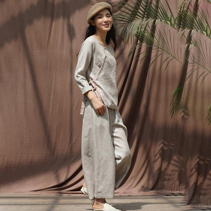 Plus Size Chinese Style Solid Color Two Piece Suit