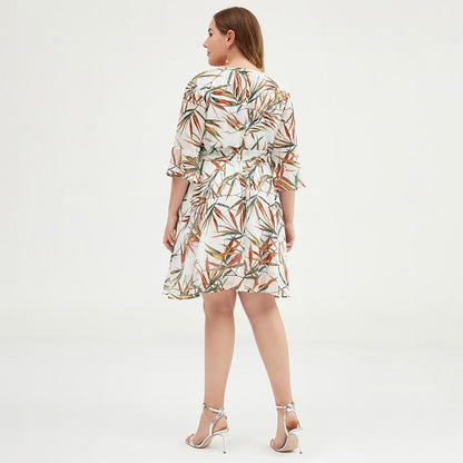 Plus Size Colorful Bamboo Printed Jacquard Chiffon Dress