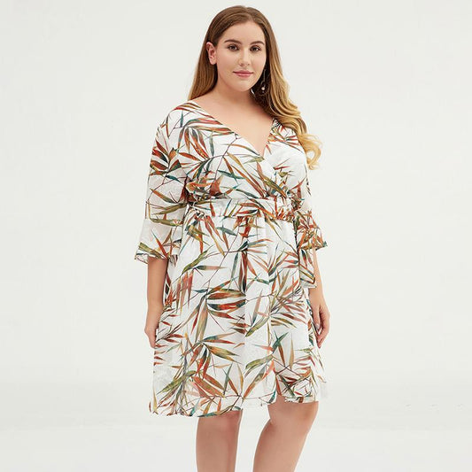 Plus Size Colorful Bamboo Printed Jacquard Chiffon Dress