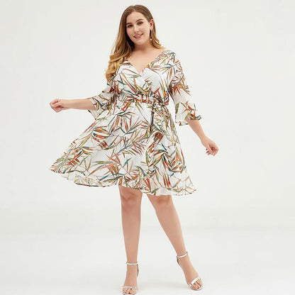 Plus Size Colorful Bamboo Printed Jacquard Chiffon Dress
