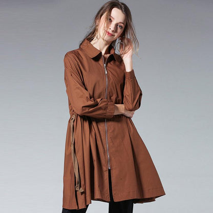 Plus Size Drawstring Zipper Spring Trench Coat