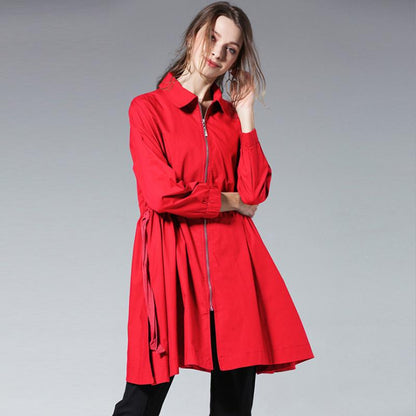 Plus Size Drawstring Zipper Spring Trench Coat