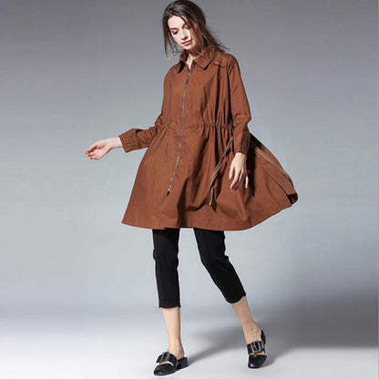 Plus Size Drawstring Zipper Spring Trench Coat