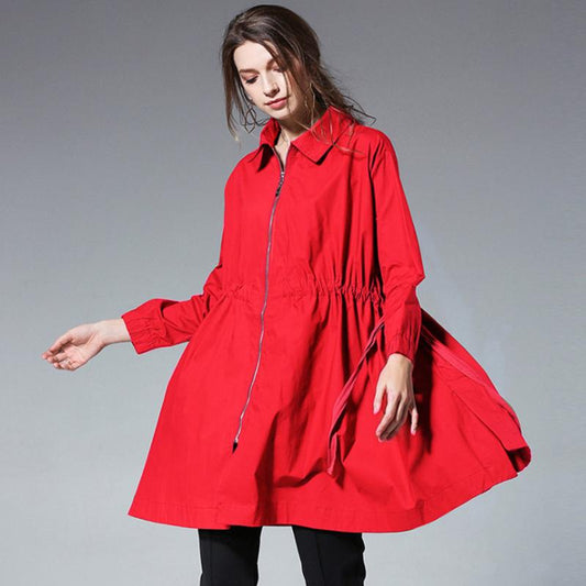 Plus Size Drawstring Zipper Spring Trench Coat