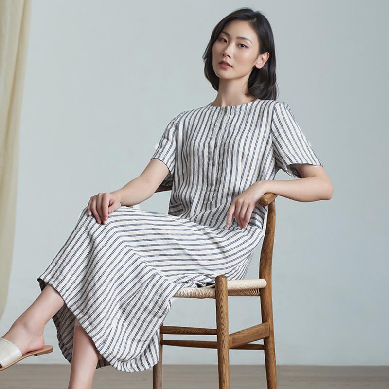 Plus Size Elegant Stripes Spliced Linen Dress