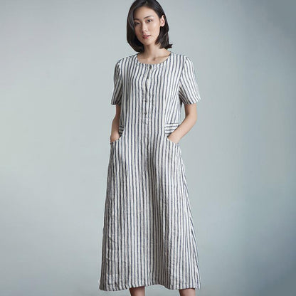 Plus Size Elegant Stripes Spliced Linen Dress