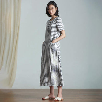 Plus Size Elegant Stripes Spliced Linen Dress