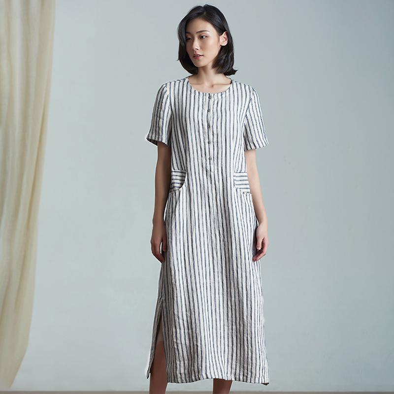 Plus Size Elegant Stripes Spliced Linen Dress