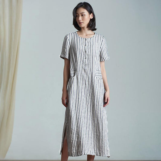 Plus Size Elegant Stripes Spliced Linen Dress