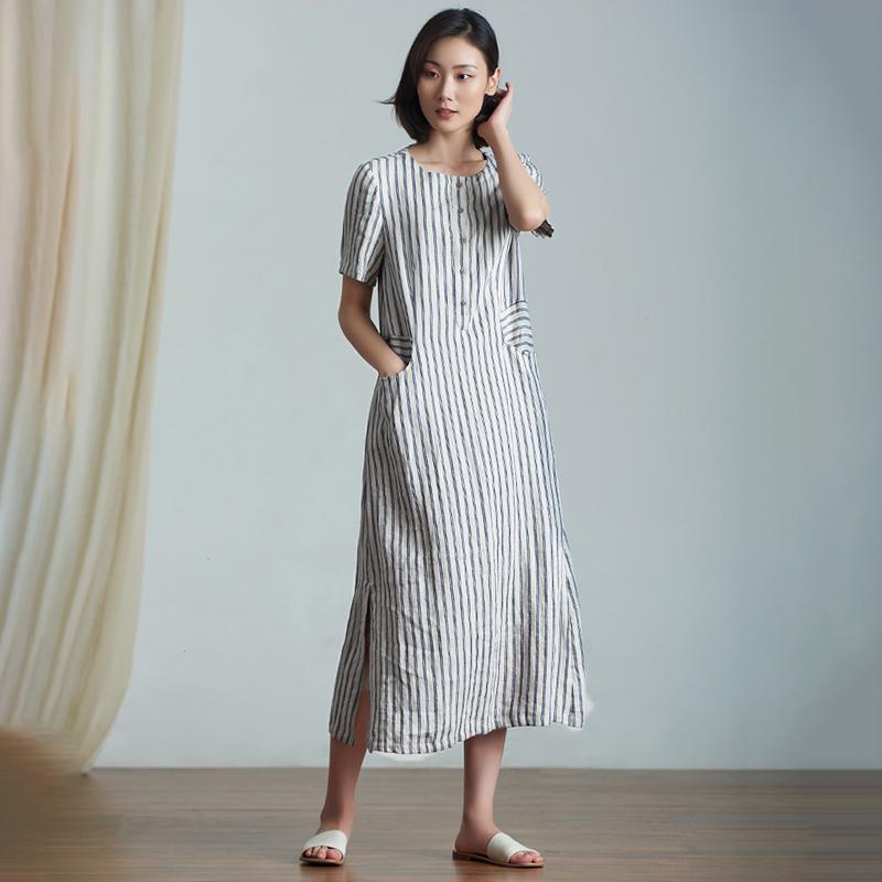 Plus Size Elegant Stripes Spliced Linen Dress