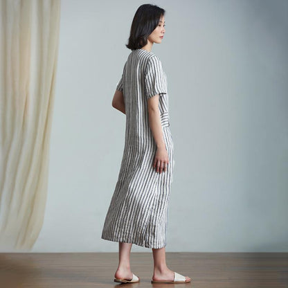 Plus Size Elegant Stripes Spliced Linen Dress
