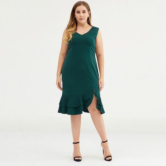 Plus Size Fashion Solid V-Neck Sleeveless Women Dress
