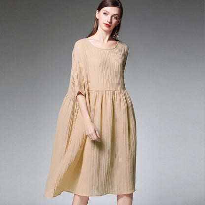 Plus Size Female Pleated Solid Color Midi Dress